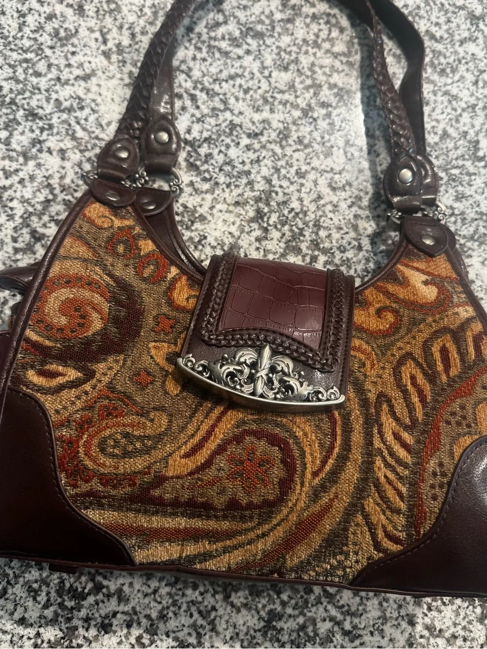 VTG Bueno Brown Carpet Bag Leather w Silver Accents Snap Pockets on Each Side